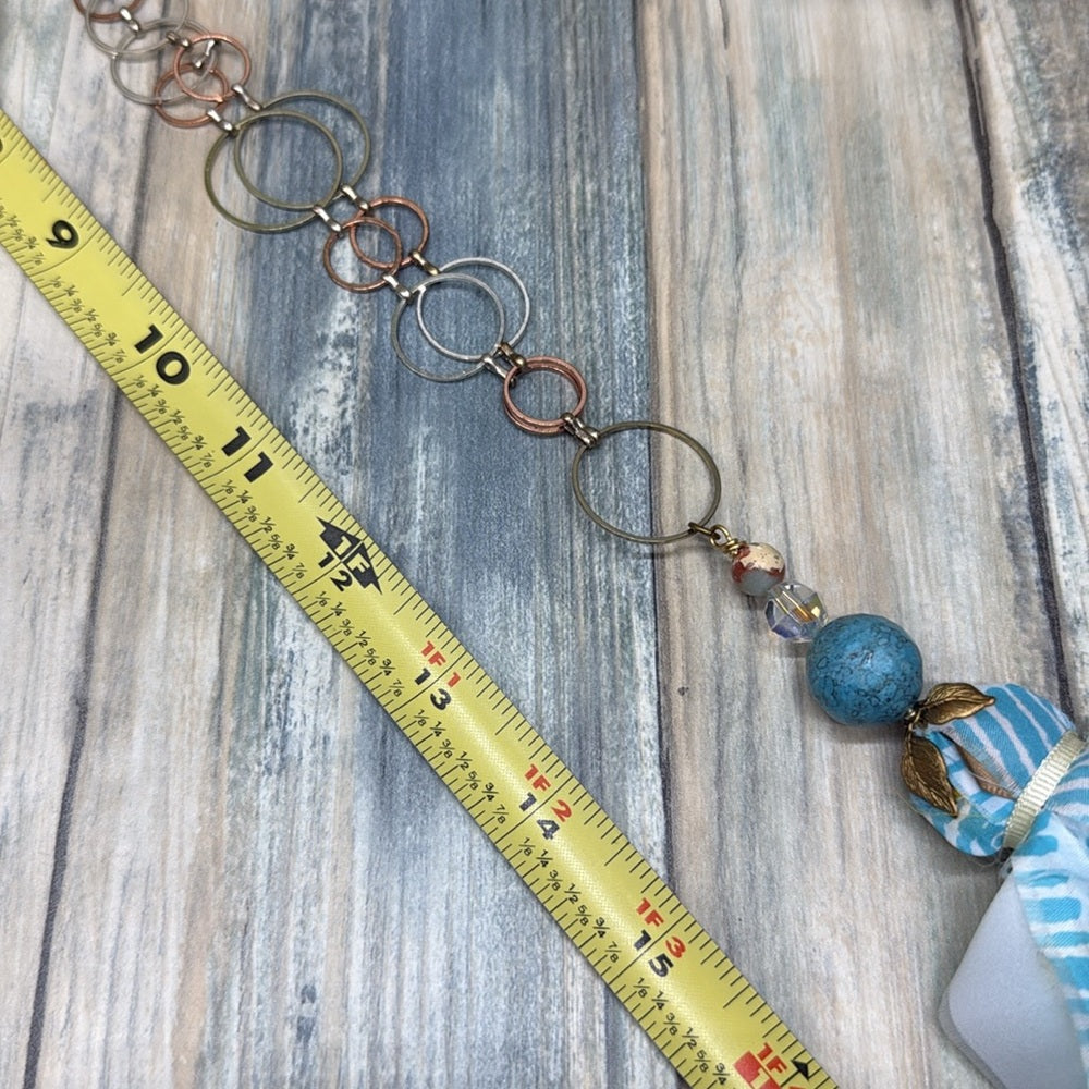 Adorned Crown Jewelry assemblage Bohemian silk ribbon Tassel Necklace Blue
