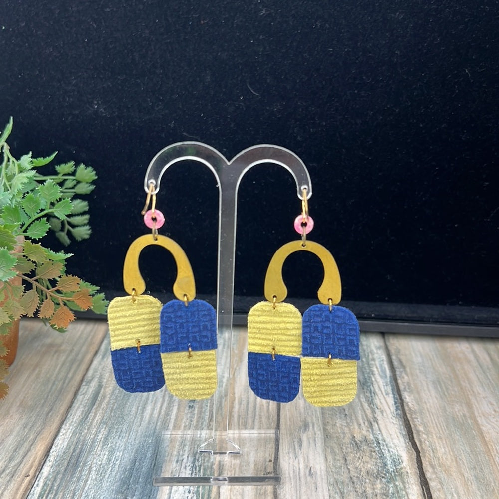 Adorned Crown leather color block yellow blue arc earrings