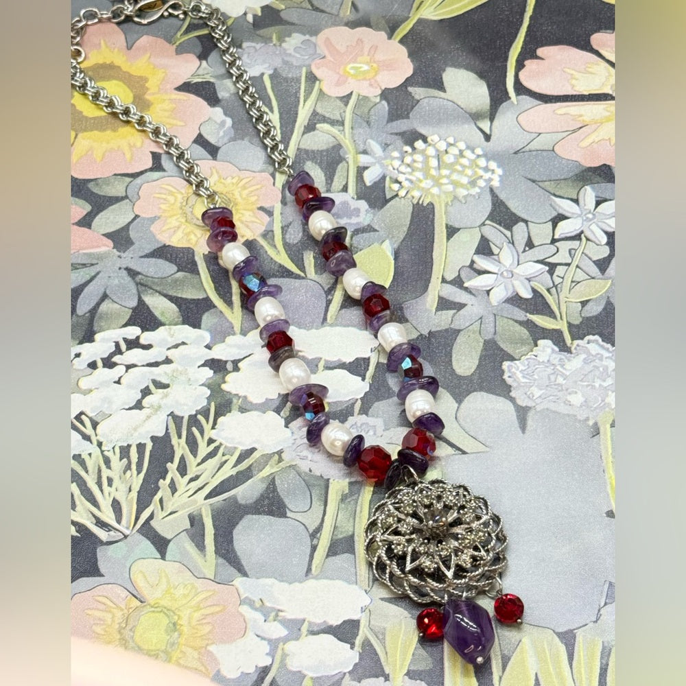 Adorned Crown Jewelry assemblage amethyst pearl red crystal pendant necklace