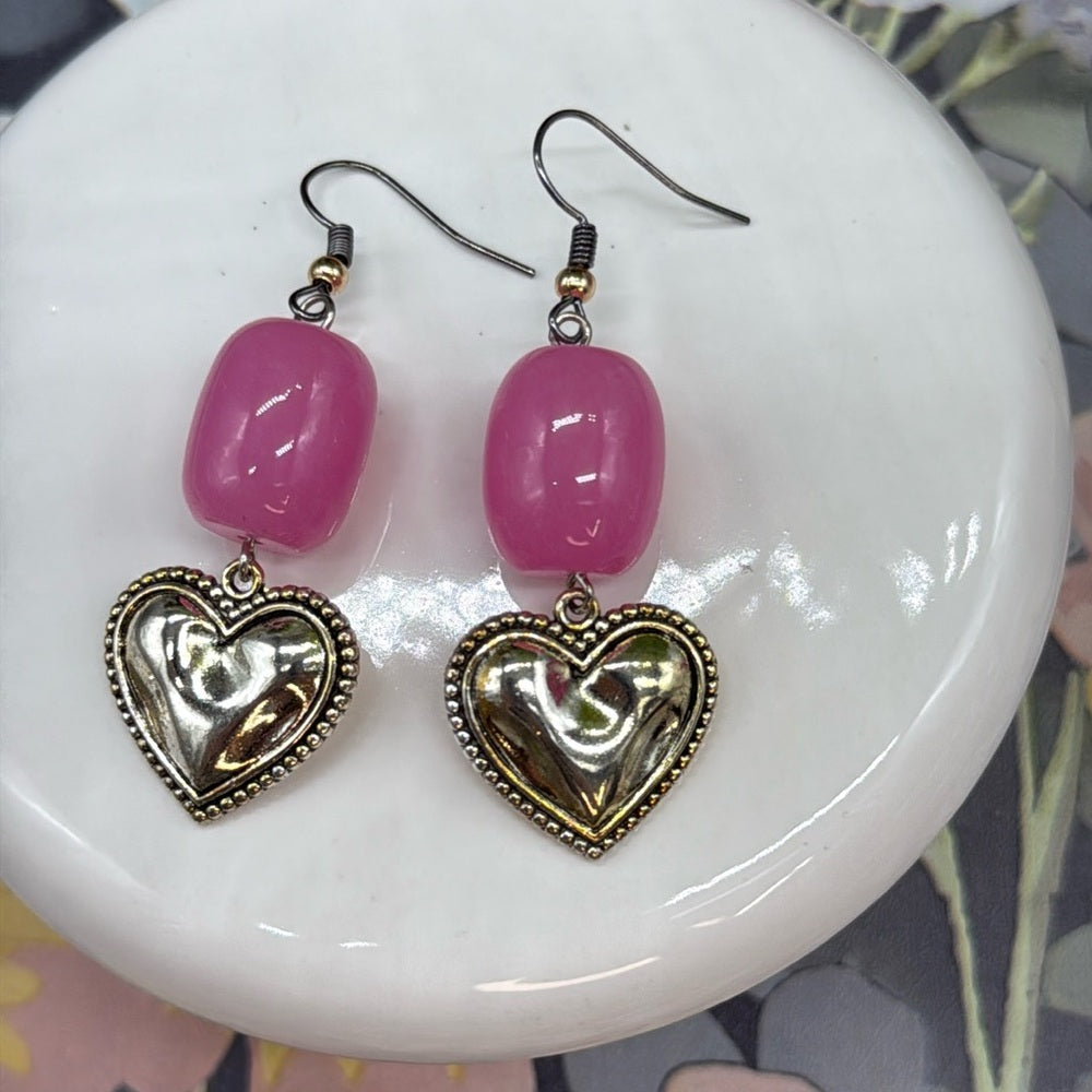 Adorned Crown rose quartz pink bead textured heart earrings
