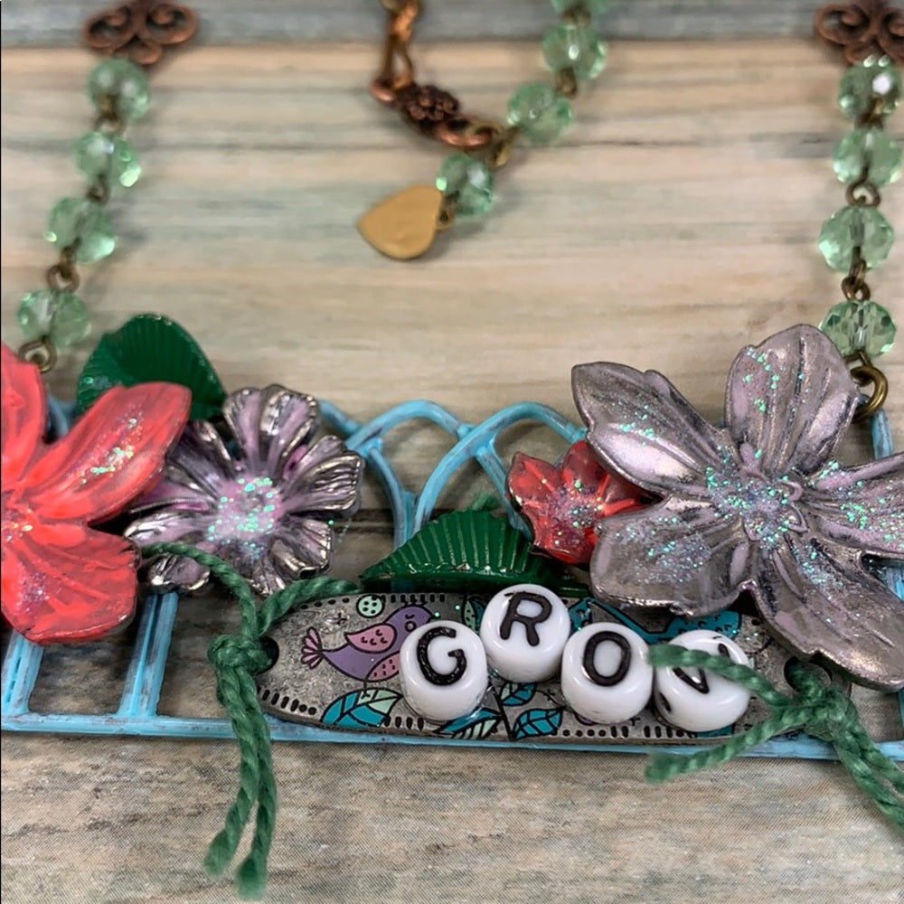 Adorned Crown artisan assemblage GROW Fence garden necklace