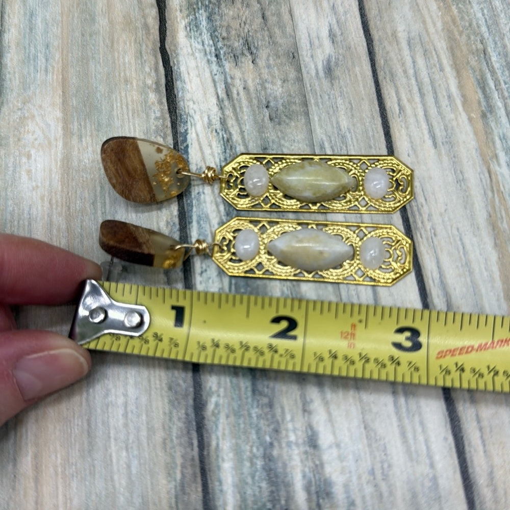 Adorned Crown Jewelry assemblage filigree Wood post quartz cabochon earrings