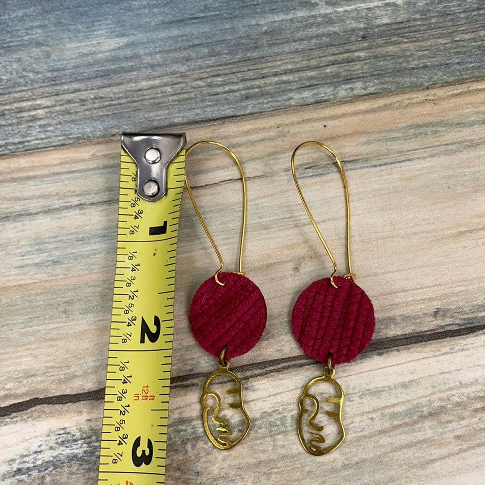 Adorned Crown geometric face drop red leather earrings