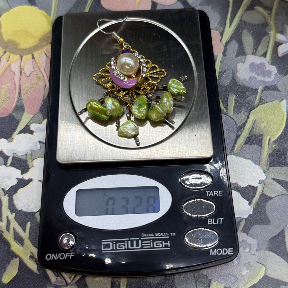 Adorned Crown Jewelry assemblage purple enamel green pearl filigree earrings