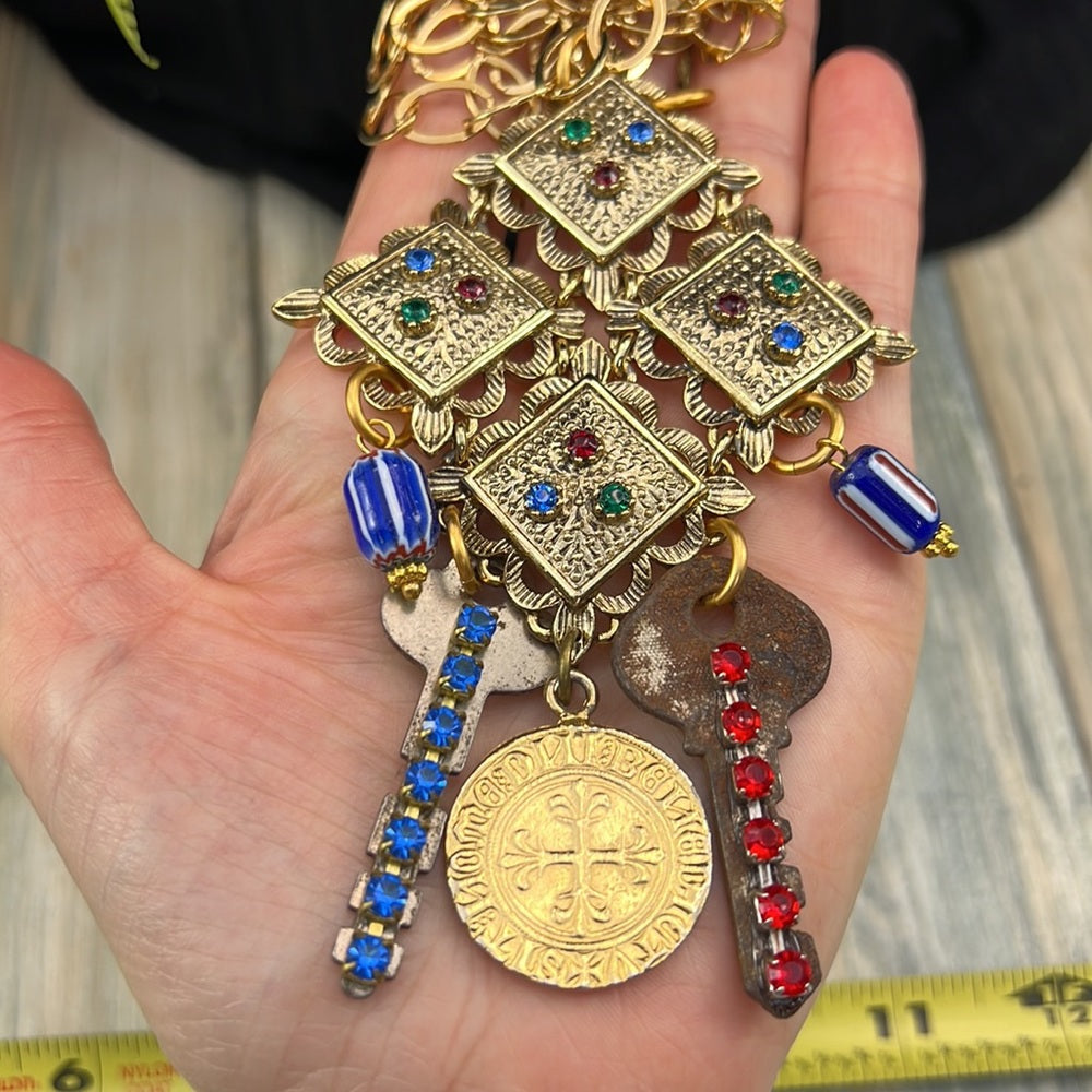 Adorned Crown necklace long boho vintage key red blue rhinestone assemblage
