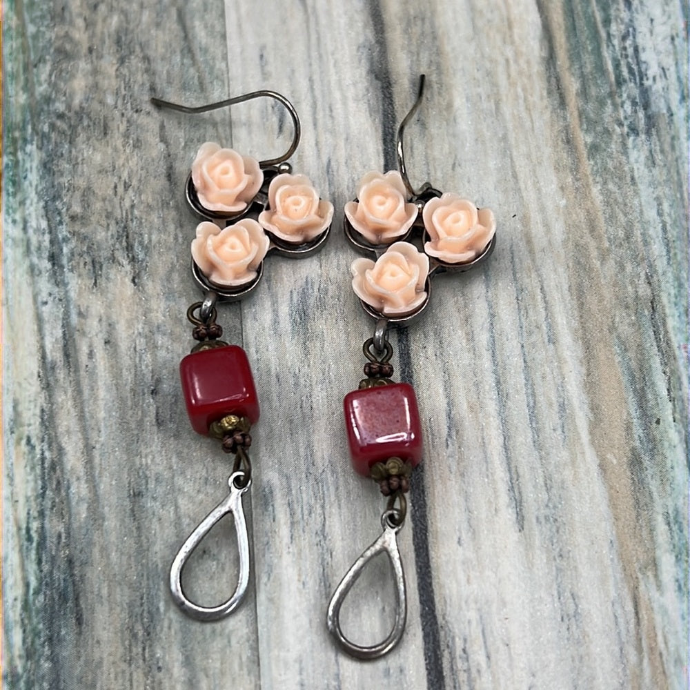 Adorned Crown Artisan Assemblage peach flower red cube bead earrings