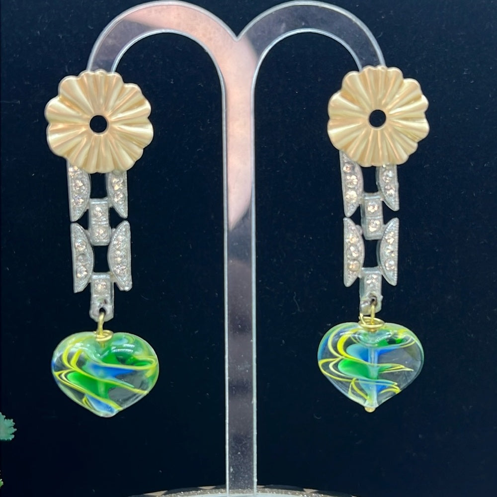 Adorned Crown Jewelry rhinestone lamp work glass heart bead post earrings