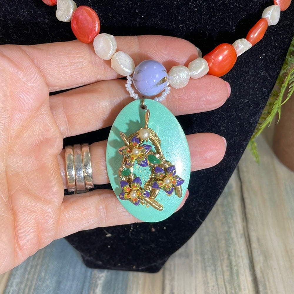 Adorned Crown Artisan assemblage necklace genuine pearls enamel flower