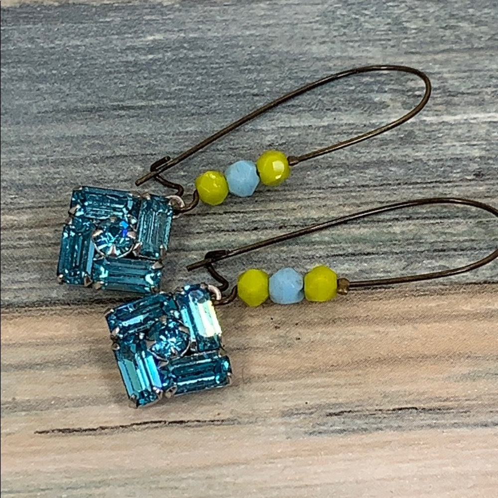 Adorned Crown Artisan Assemblage topaz blue rhinestone colorful earrings