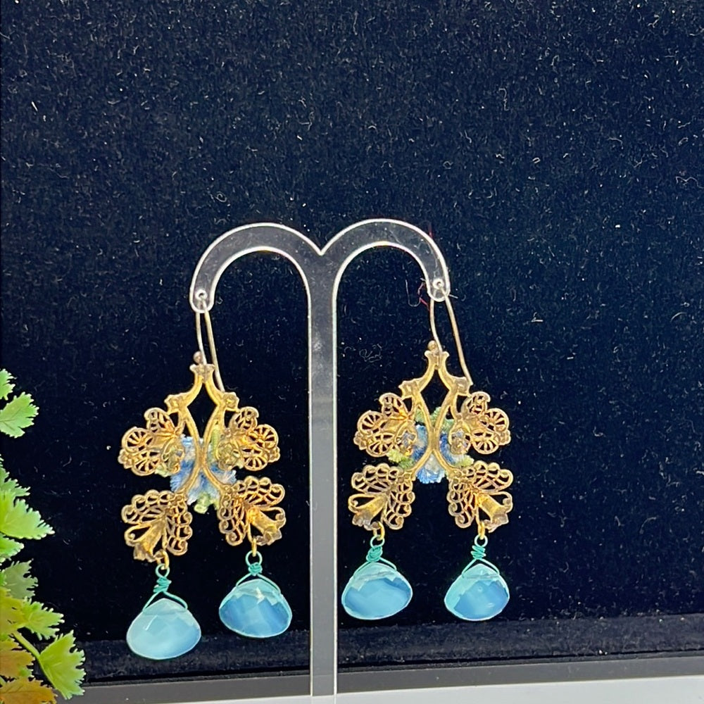 Adorned Crown Jewelry blue flower faceted briolette drop filigree earrings