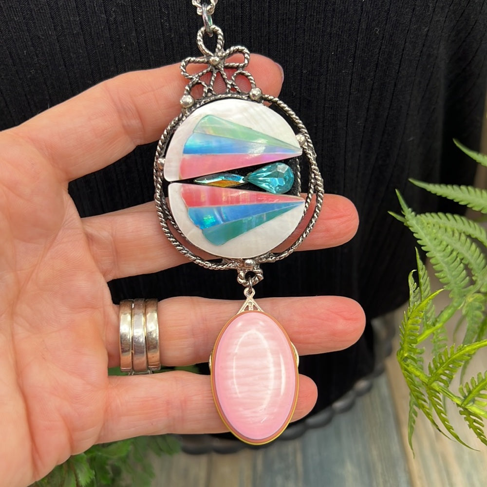 Adorned Crown Jewelry artisan assemblage pink drop shell fan necklace