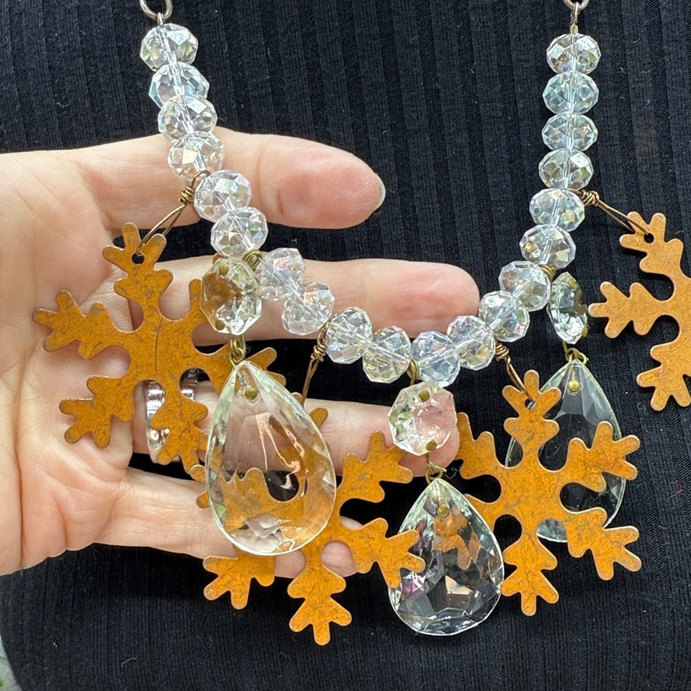 Adorned Crown Jewelry assemblage Christmas rusty snowflake crystal necklace