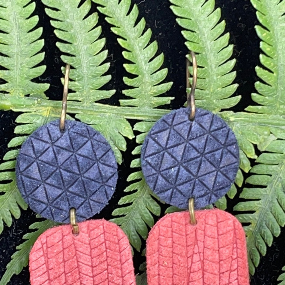 Adorned Crown geo triple leather pink blue drop earrings