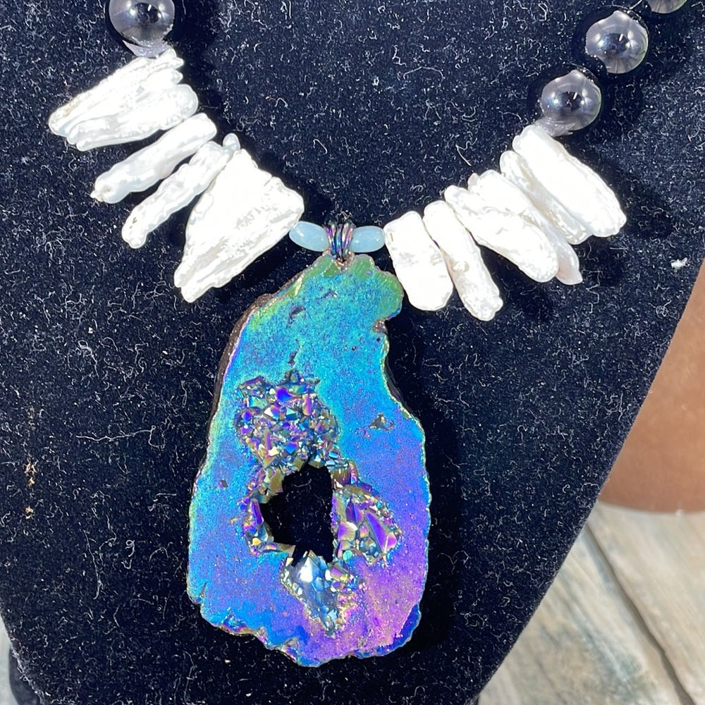 Adorned Crown assemblage druzy stick Pearl beaded statement necklace