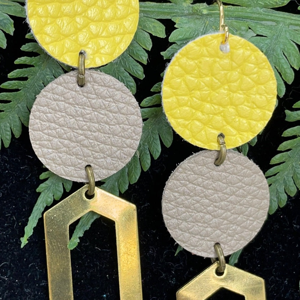 Adorned Crown geo yellow gray double leather earrings