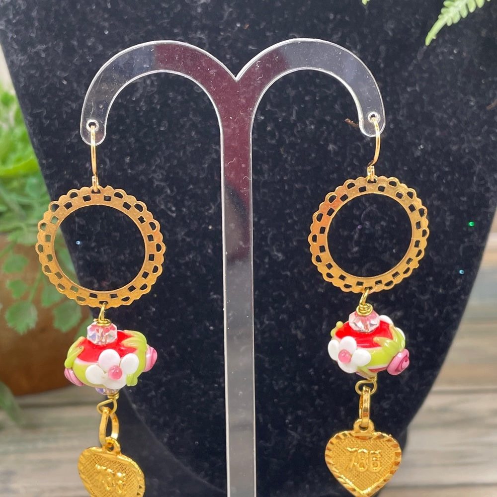 Adorned Crown lamp work floral bead heart charm earrings