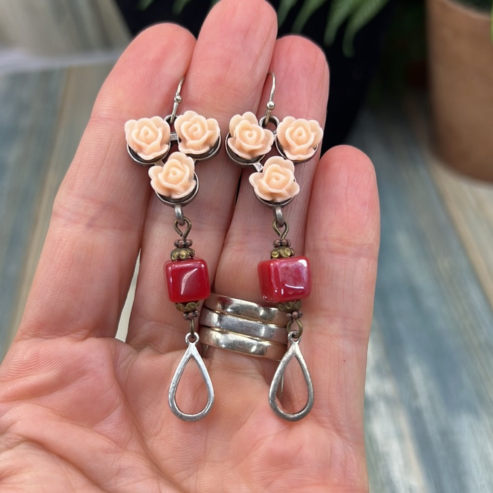 Adorned Crown Artisan Assemblage peach flower red cube bead earrings