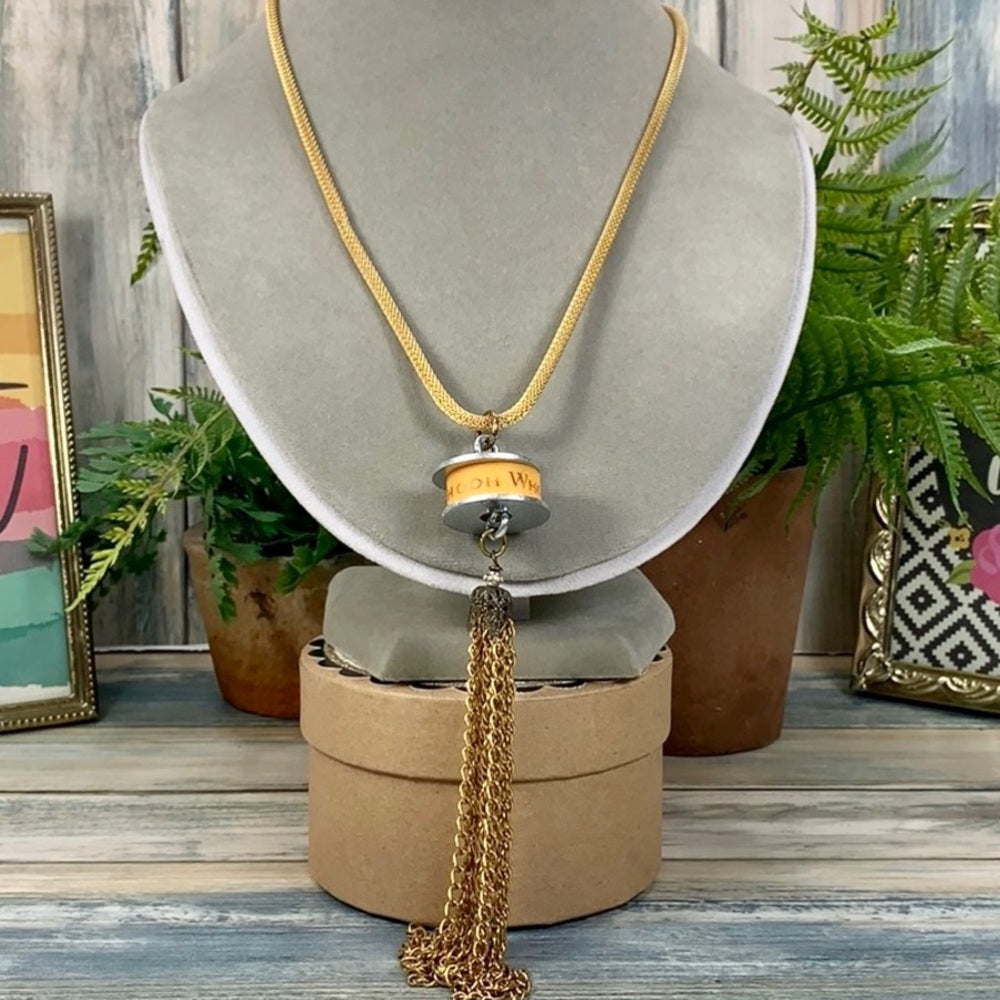 Adorned Crown artisan assemblage yellow washer tassel steampunk necklace