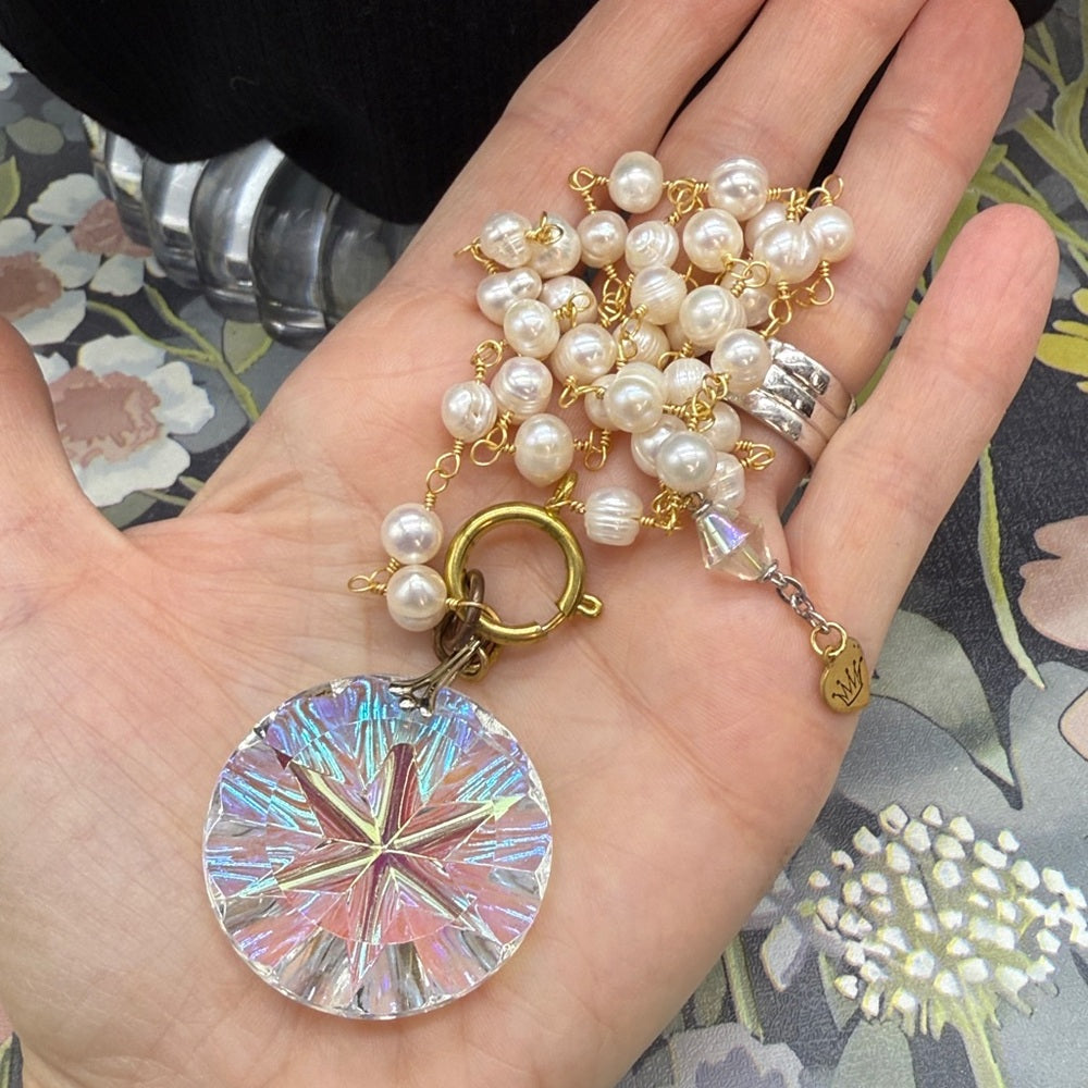 Adorned Crown Jewelry assemblage Christmas crystal Starburst Pearl necklace