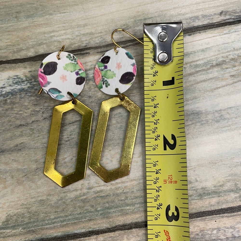 Adorned Crown geo abstract floral leather brass earrings