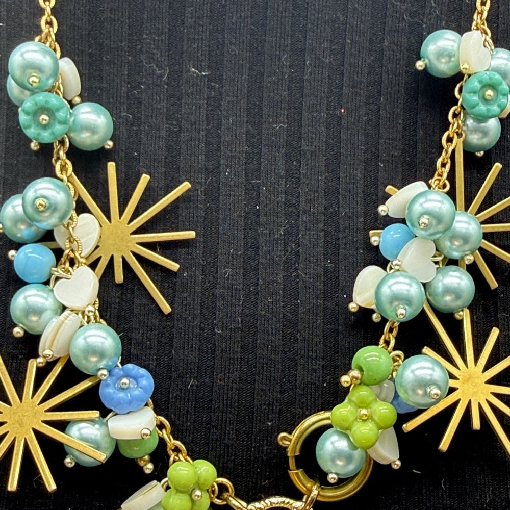 Adorned Crown Jewelry assemblage blue green watch starburst Czech necklace