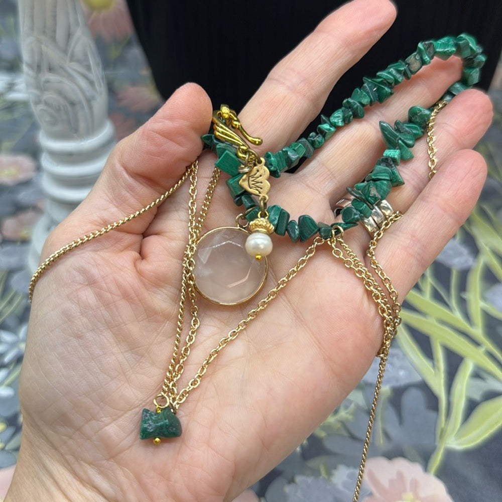 Adorned Crown Jewelry assemblage malachite quartz pearl drop necklace