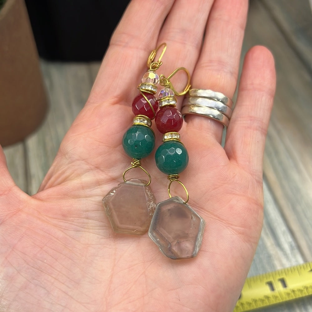 Adorned Crown Artisan Assemblage wire wrapped stone bead slice drop earrings