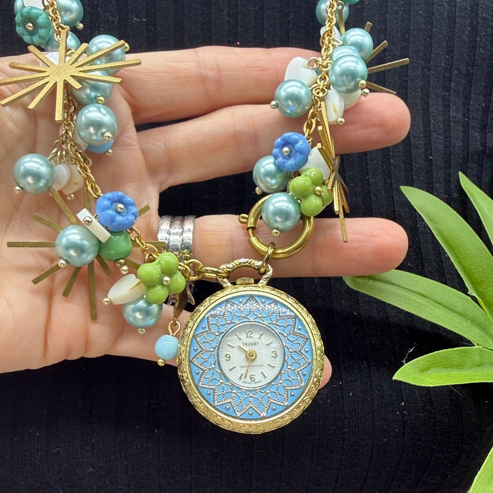 Adorned Crown Jewelry assemblage blue green watch starburst Czech necklace