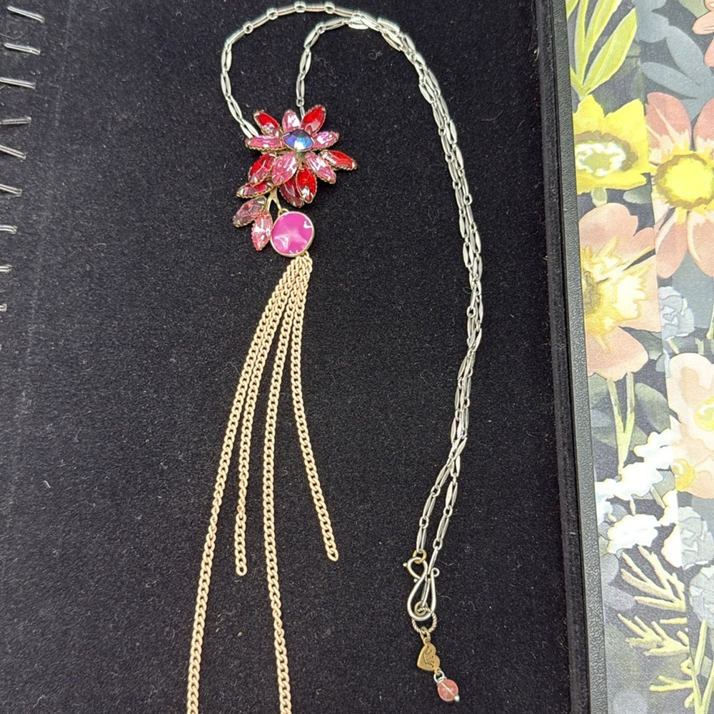 Adorned Crown Jewelry assemblage rhinestone pink mixed metal long necklace
