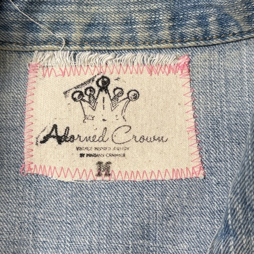 Adorned Crown Jewelry and textiles altered velvet heart denim jacket size med