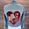Adorned Crown Jewelry and textiles altered velvet heart denim jacket size med