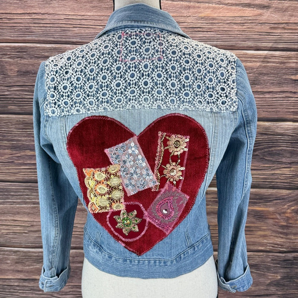 Adorned Crown Jewelry and textiles altered velvet heart denim jacket size med