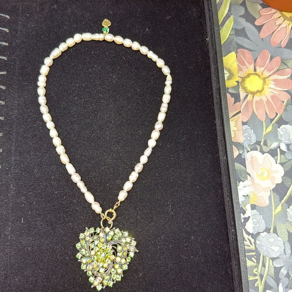 Adorned Crown Jewelry assemblage pearl green rhinestone pendant necklace
