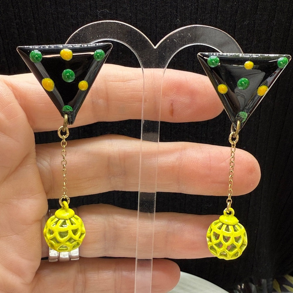 Adorned Crown Jewelry assemblage green triangle enamel cage drop post earrings