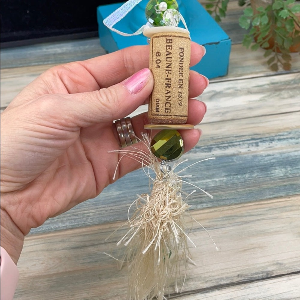 Adorned Crown artisan assemblage wine cork ornament green bead & tassel