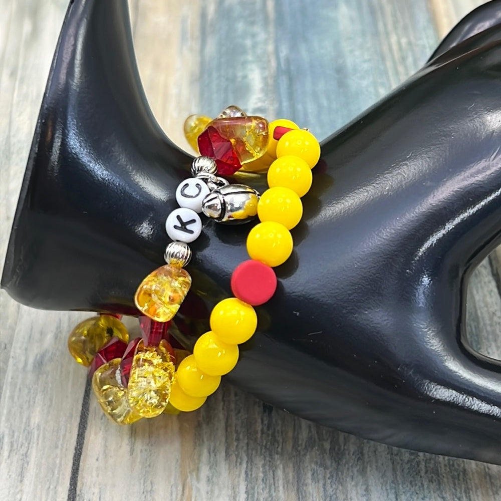 Adorned Crown Kansas City Chiefs KC football red gold stretch bracelet set F