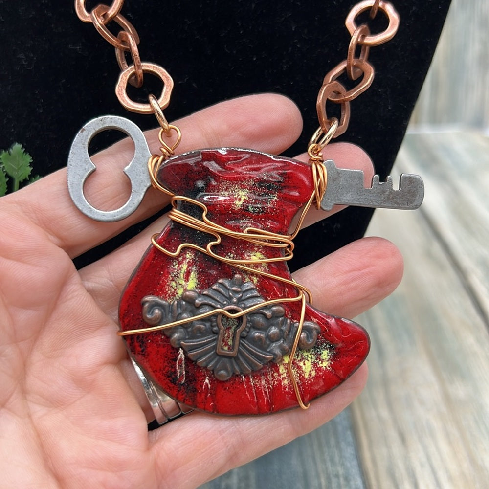 Adorned Crown Jewelry artisan assemblage key enamel keyhole copper necklace