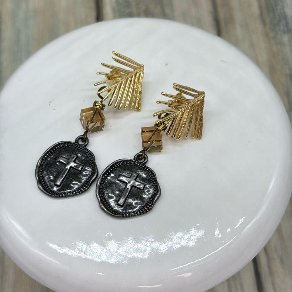 Adorned Crown Jewelry assemblage leaf post cross charm crystal earrings