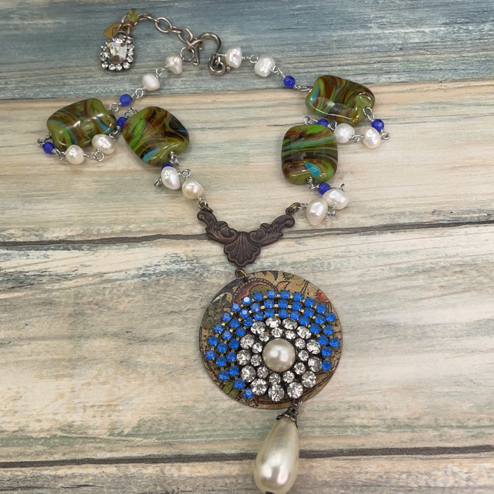 Adorned Crown artisan assemblage rhinestone Pearl swirl necklace