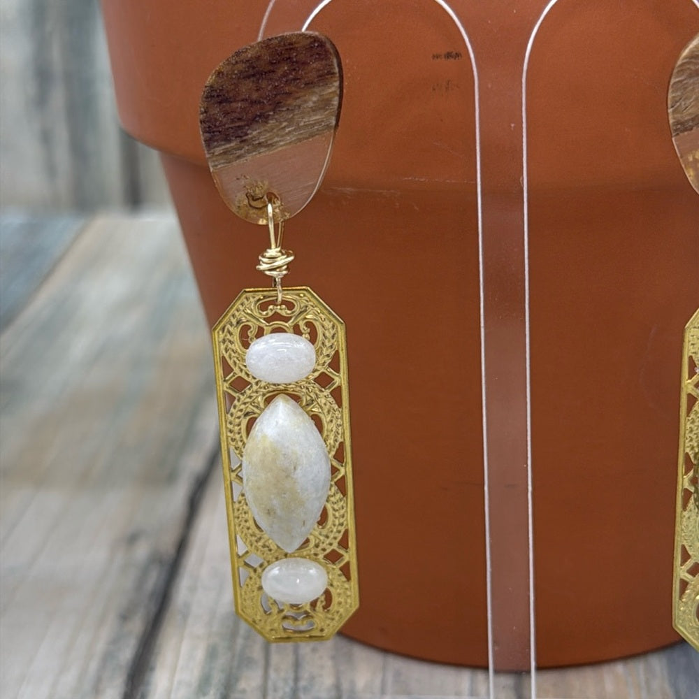 Adorned Crown Jewelry assemblage filigree Wood post quartz cabochon earrings