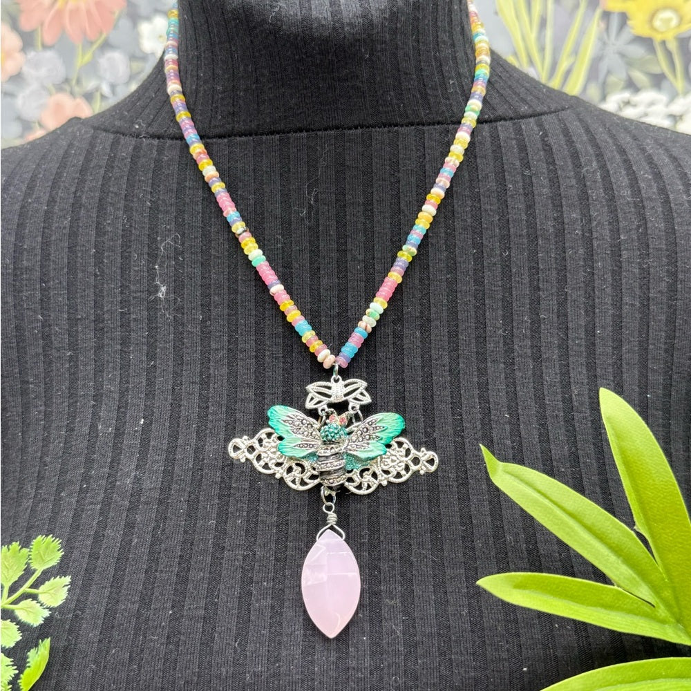 Adorned Crown Jewelry assemblage pastel gemstone bead teal enamel bee necklace