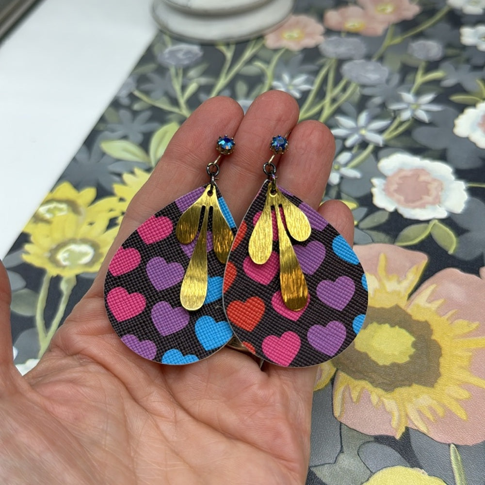 Adorned Crown Jewelry faux leather Lisa Frank style heart earrings