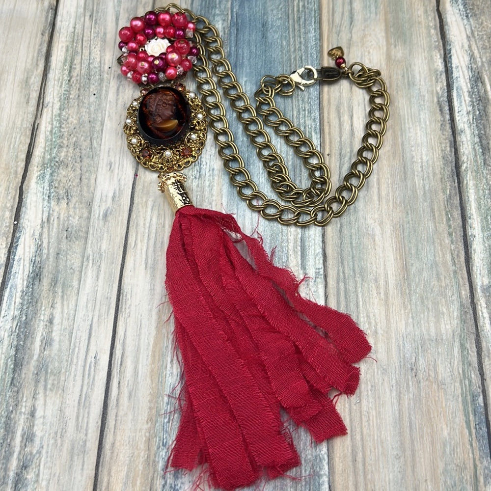 Adorned Crown Artisan Assemblage red cluster cameo silk sari tassel necklace