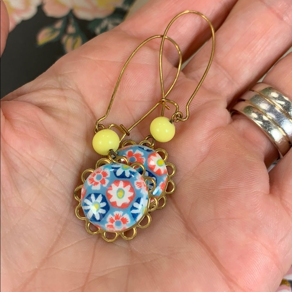Adorned Crown Artisan assemblage Floral drop yellow bead earrings