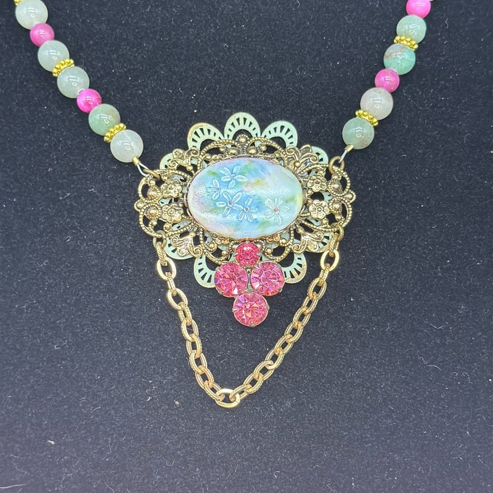 Adorned Crown Jewelry assemblage jade and mop bead porcelain floral necklace