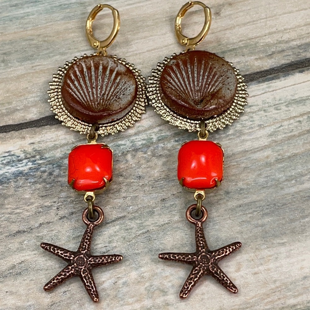 Adorned Crown artisan assemblage autumn seaside beach starfish earrings