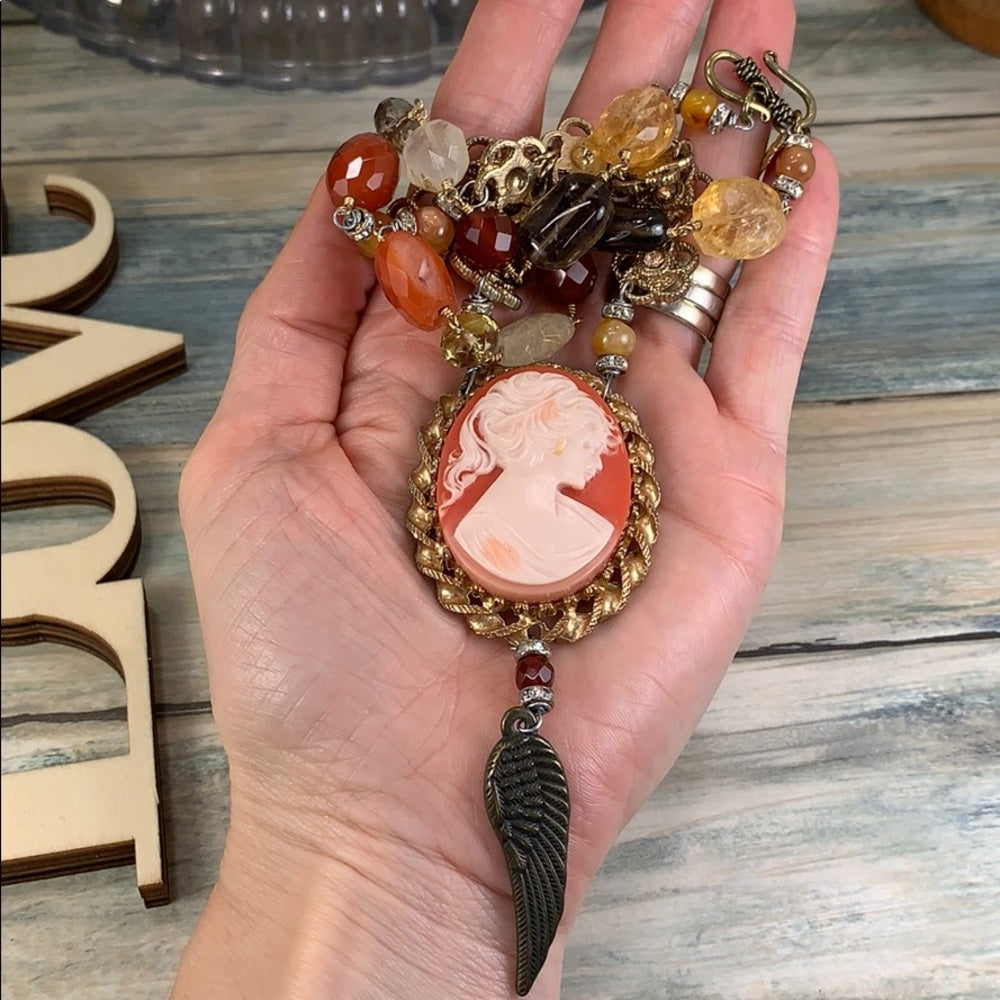 Adorned Crown artisan assemblage cameo citrine carnelian bead necklace