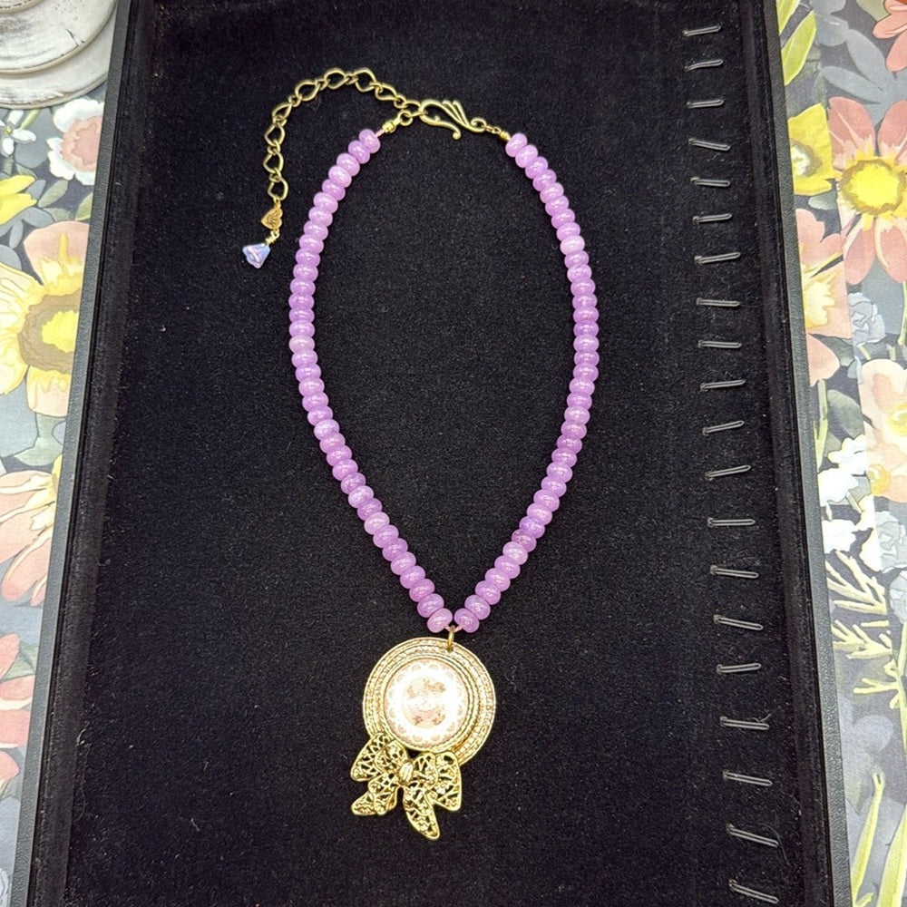 Adorned Crown Jewelry assemblage purple quartz cross stitch bonnet necklace