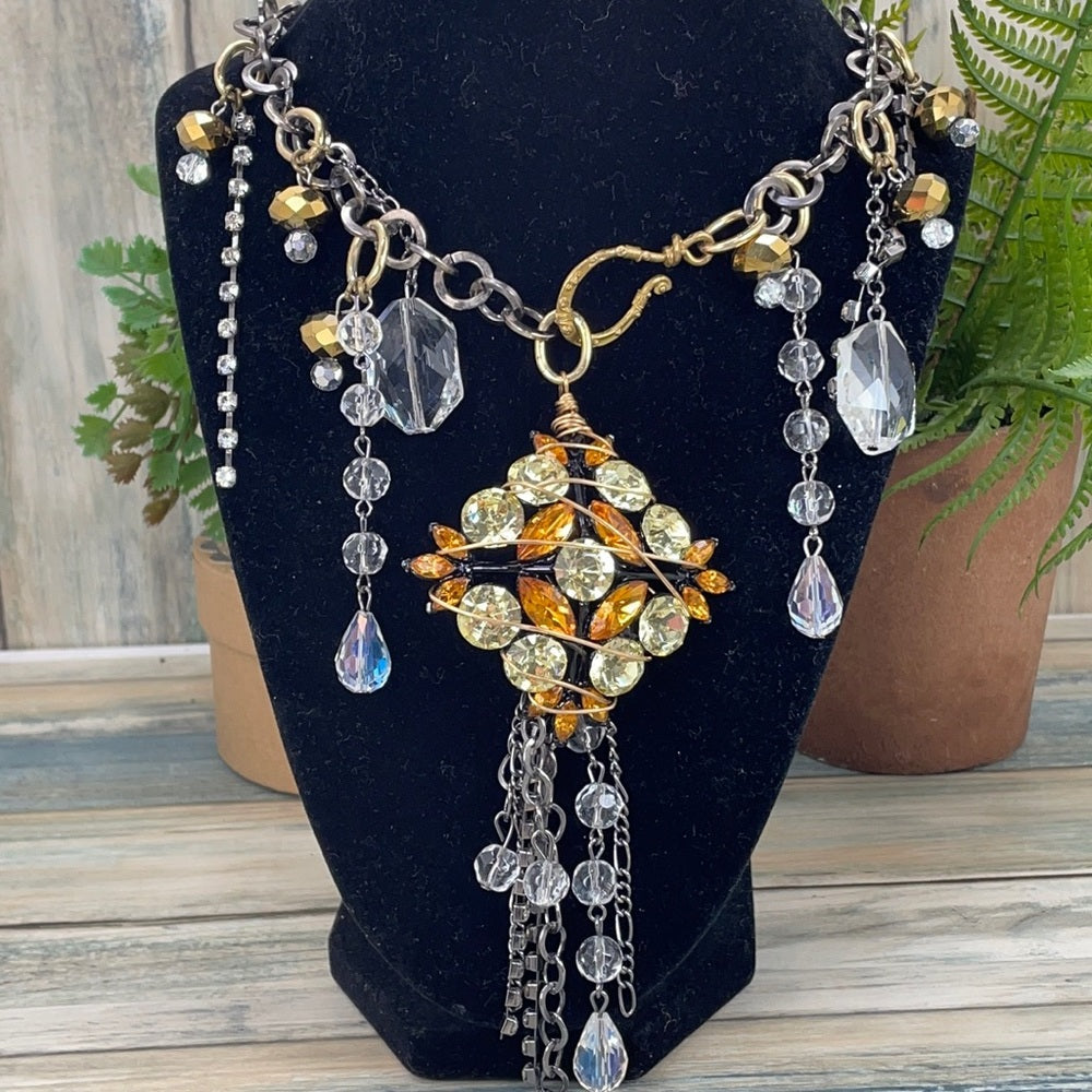 Adorned Crown Artisan Assemblage rhinestone bling drops of gold necklace