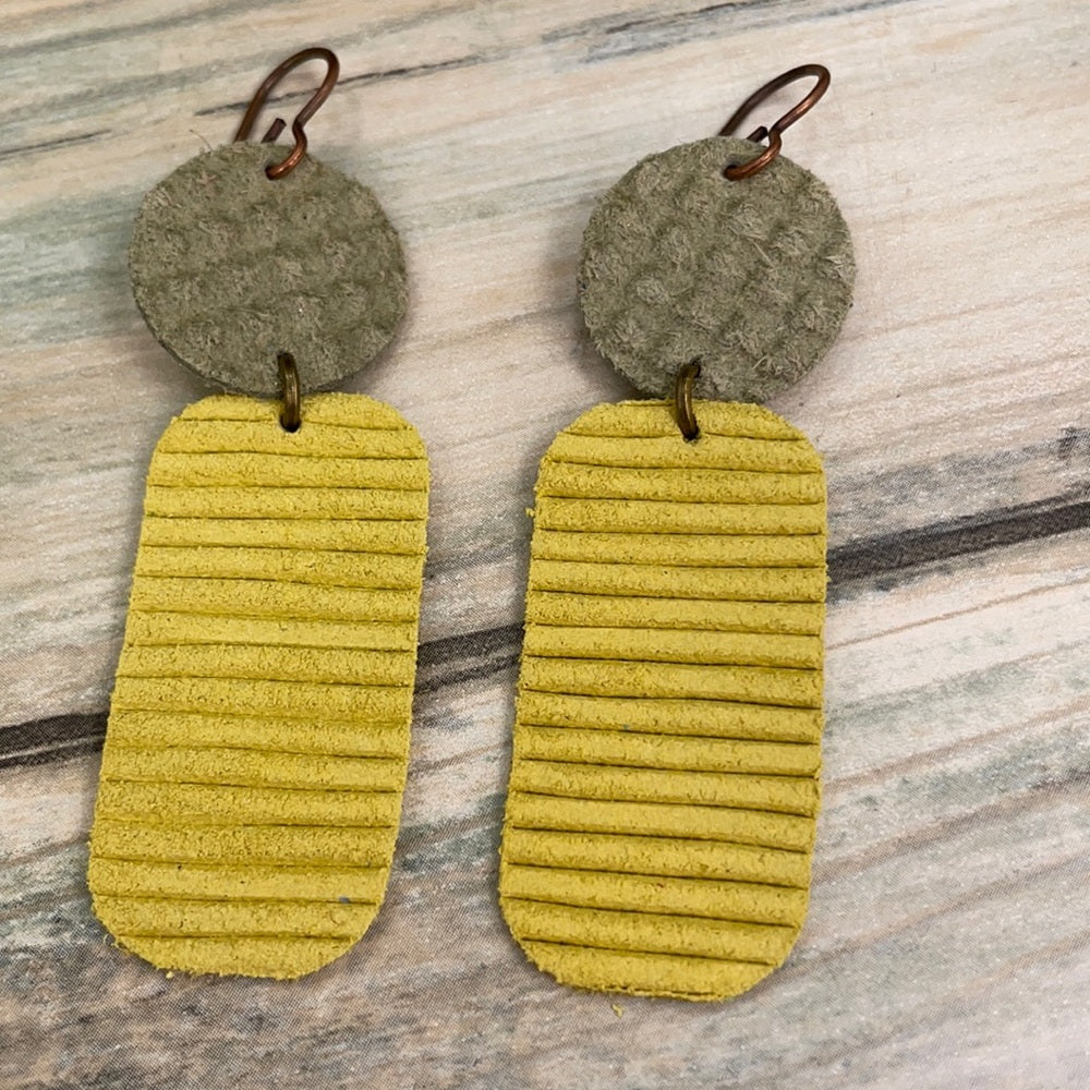 Adorned Crown geo yellow green double leather earrings